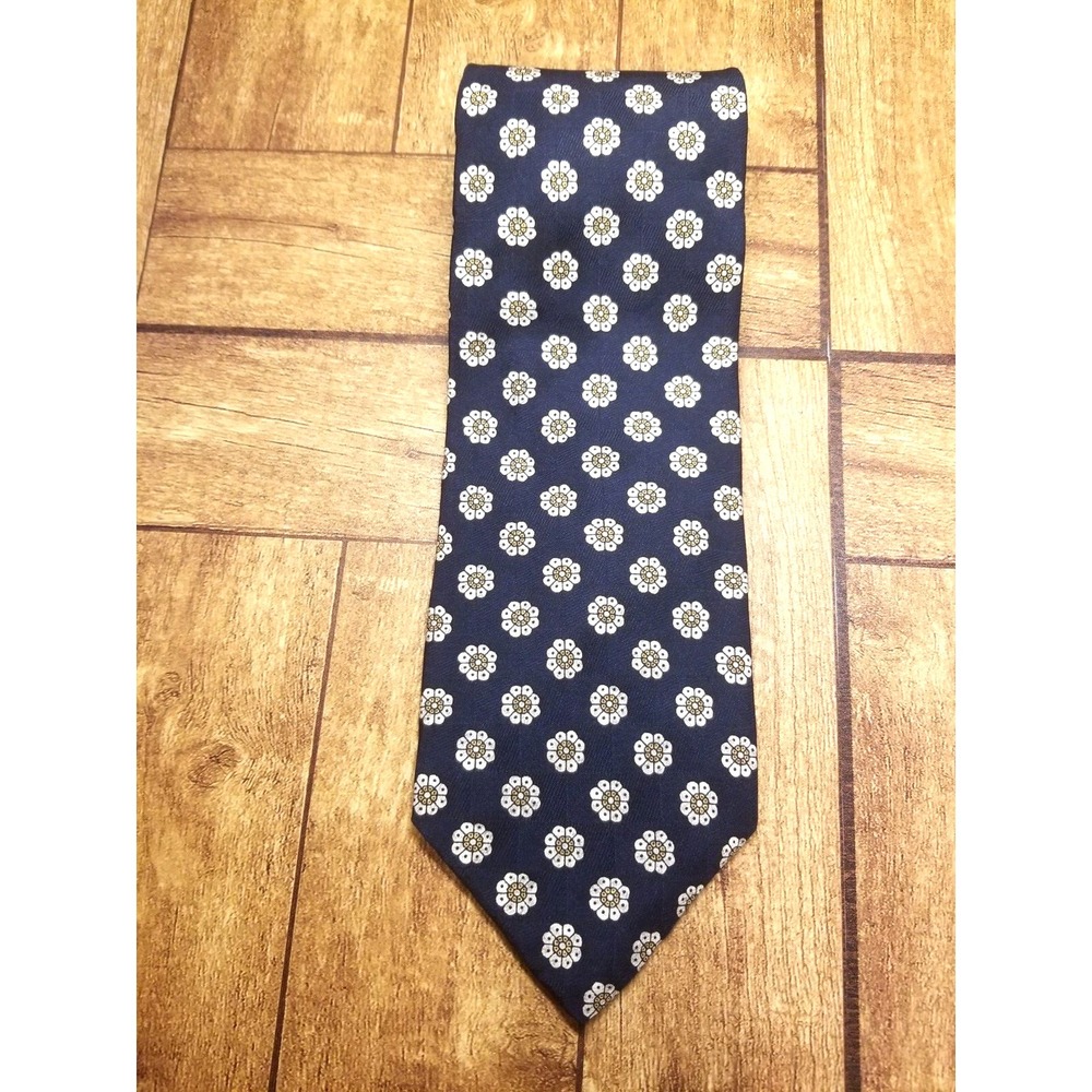 Enzo Blue Flowered Tan Gold Handmade USA‎ Textured Italy Silk Pointed Tie